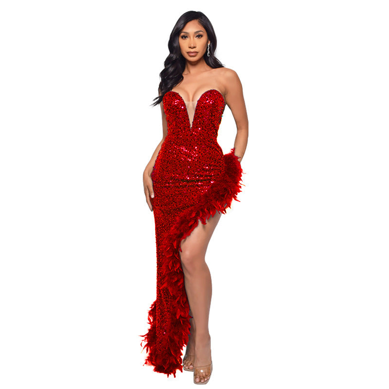 A ins European and American cross-border women's clothing wish Amazon ebay independent station tube top backless sequined feather dress women
