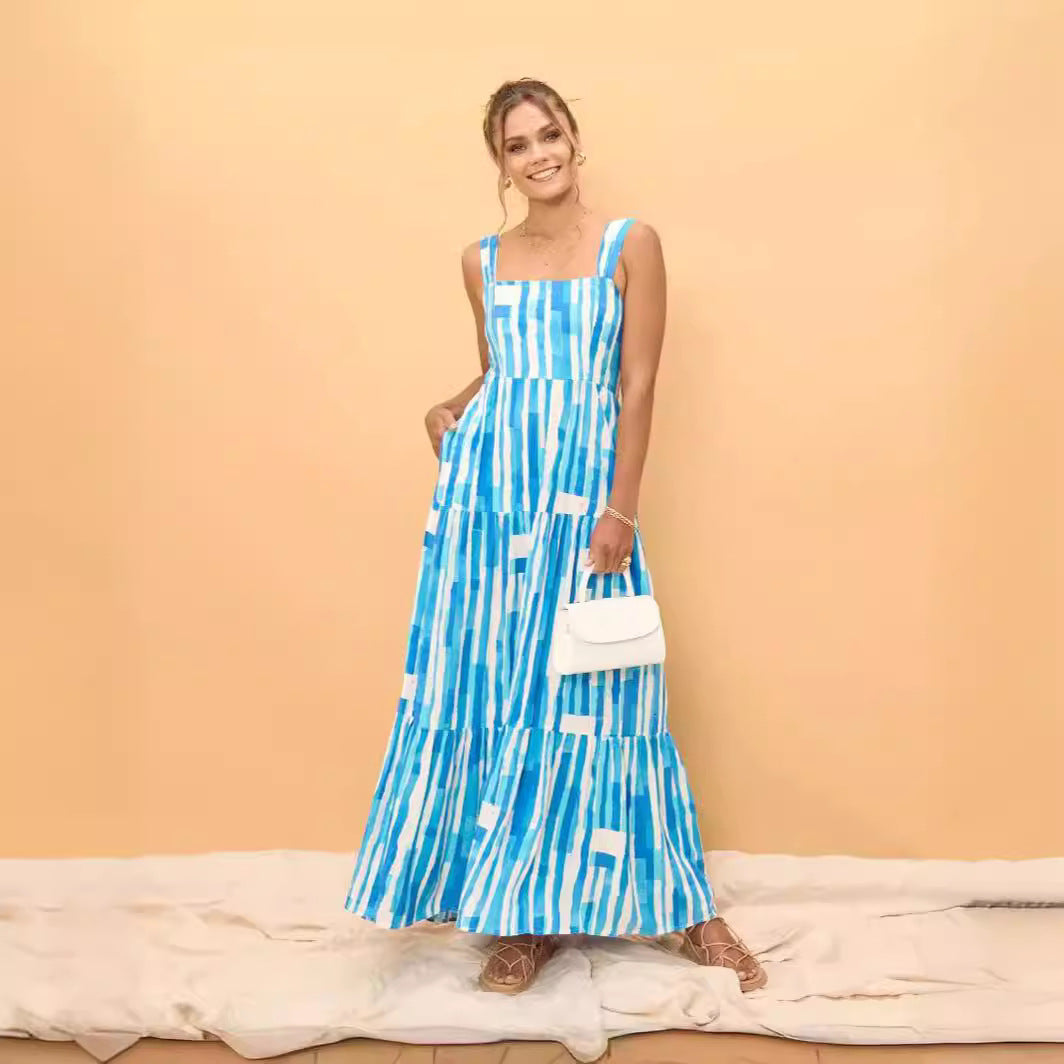 A fresh and sweet cross-border spring and summer style, striped printed one-word collar lace-up dress 88116