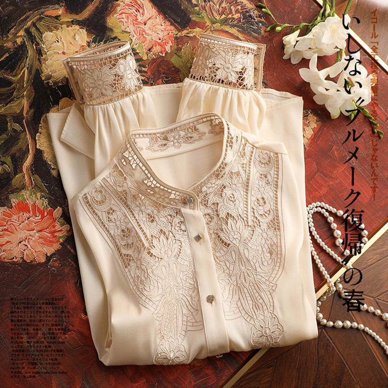 D-grade luxury style simulation silk 10,000 needles hollow embroidered shirt women's