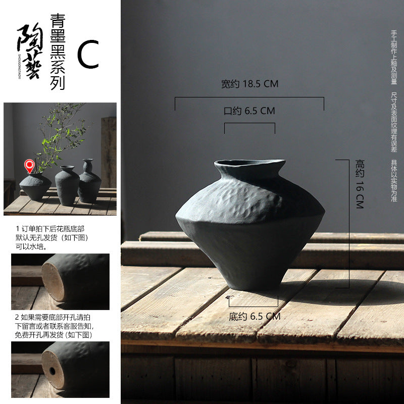 A retro Zen vase ceramic art advanced sense wabi-sabi wind Japanese coarse pottery living room flower arrangement B & B niche ornament