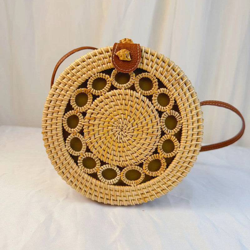 A rattan bag ins diagonal span mini bag Mori basket retro literary woven round bag vacation bucket bag leather buckle bag
