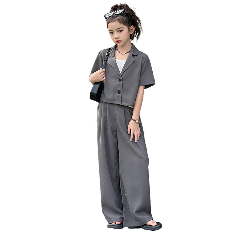 A summer new Korean version of medium and older children's thin cardigan short-sleeved suit high-waisted wide-leg pants