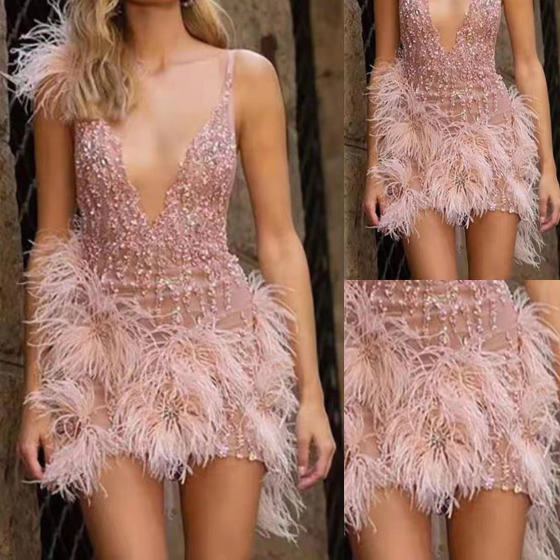 A Feather Suspender Skirt Deep V-Neck Sexy Party Dress #WT1122