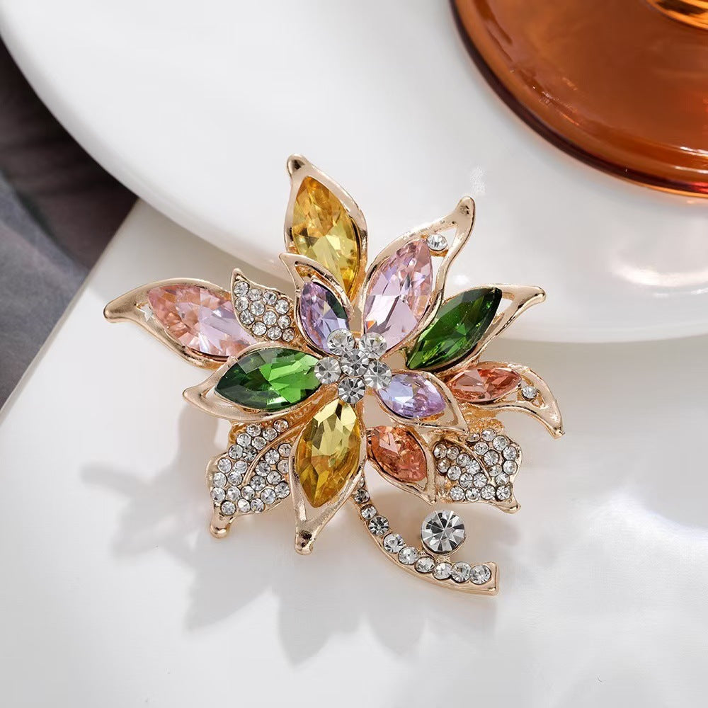 A color zirconium hibiscus brooch high-end femininity crystal brooch coat retro exquisite luxury pin accessories gift - Mixbatch