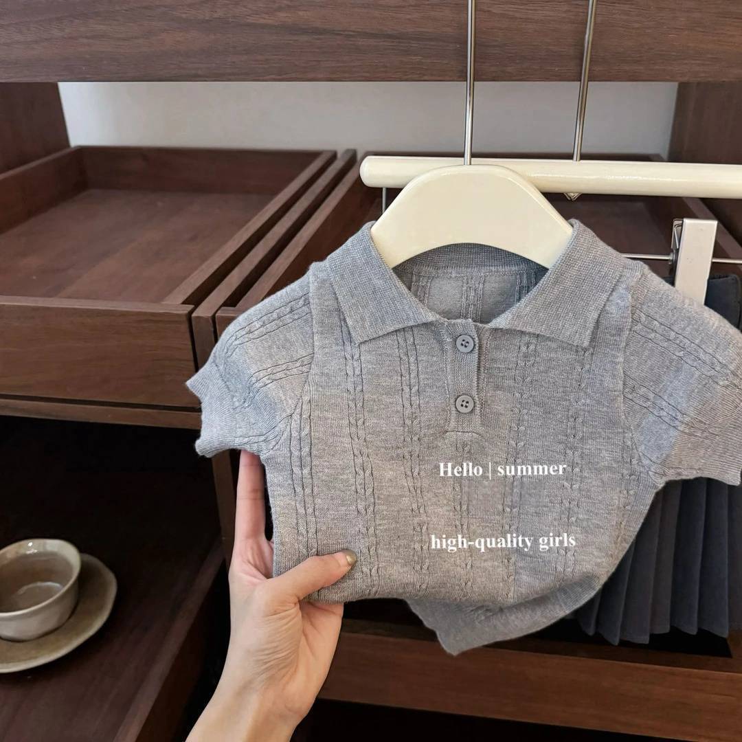 A baby academy style short-sleeved polo needle knitted shirt fashionable pleated skirt set - Mixbatch