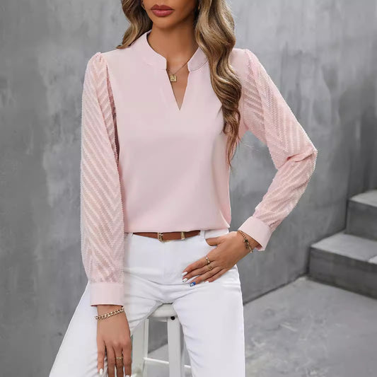 Cross-border Europe, America, Amazon Independent Station Autumn Fashion New Products Women's Splicing Chiffon Long Sleeve Solid Color Shirt - Mixbatch