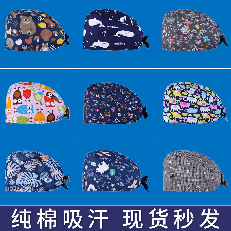 A Surgical cap Printed cap Pure cotton female nurse Baotou Fluffy cap Adjustable Baotou cap Female confinement