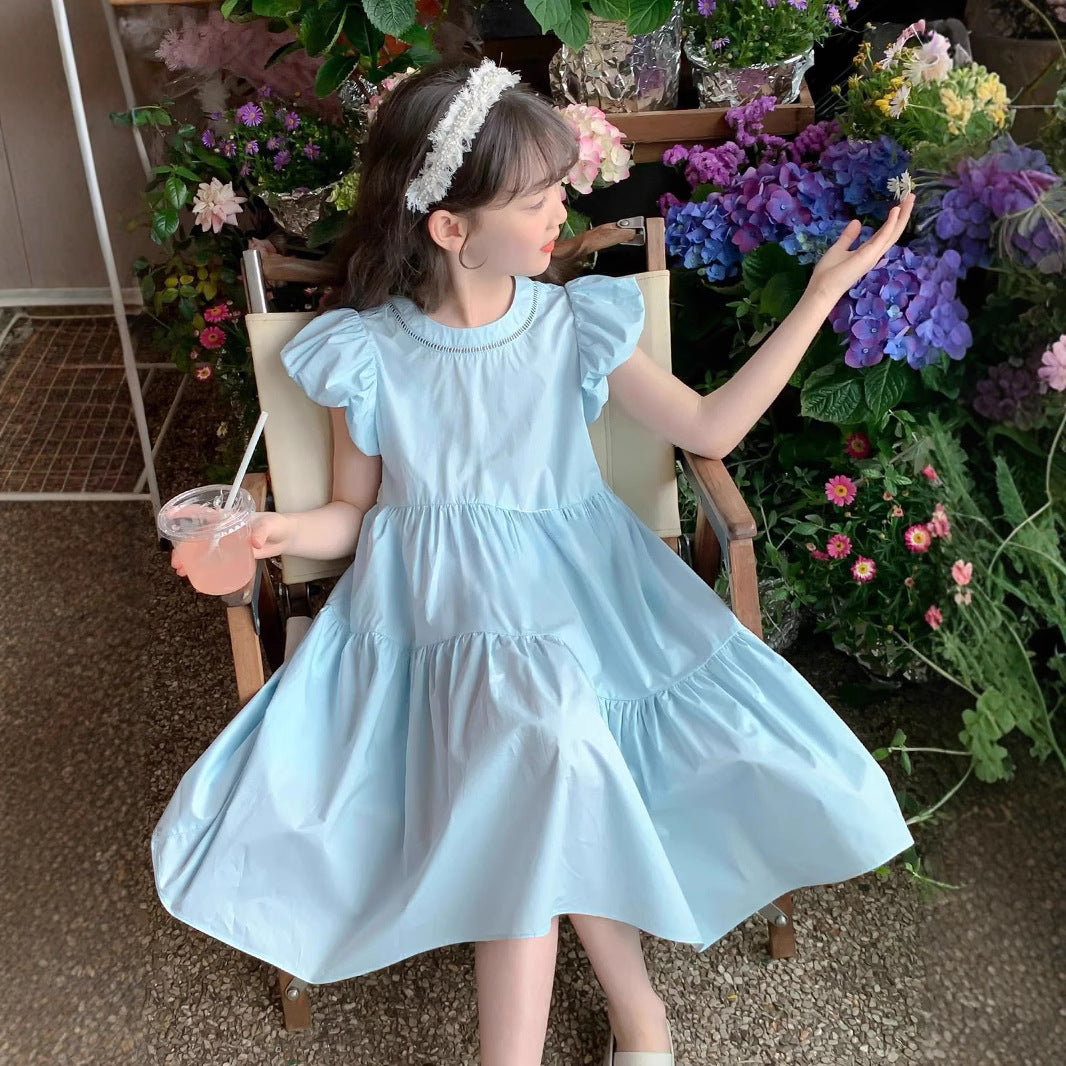 A girls summer Korean bubble sleeve dress new children's foreign style sweet solid color princess dress tide cross-border