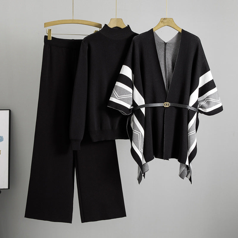 A knitted shawl sweater pants three-piece set