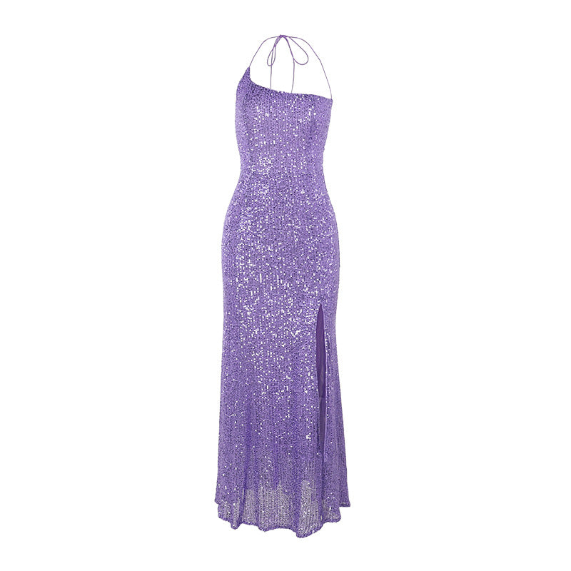 Bead slices diagonal shoulder split neck fishtail dress women - Mixbatch