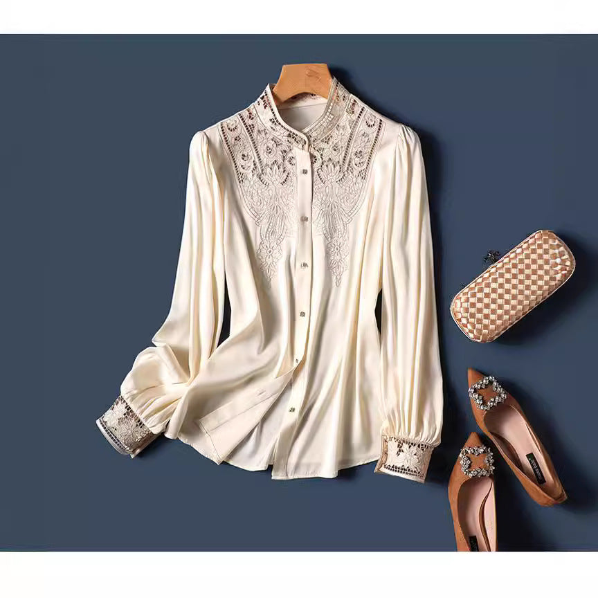D-grade luxury style simulation silk 10,000 needles hollow embroidered shirt women's