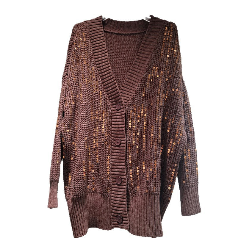 A long-sleeved V-neck sequined knit top