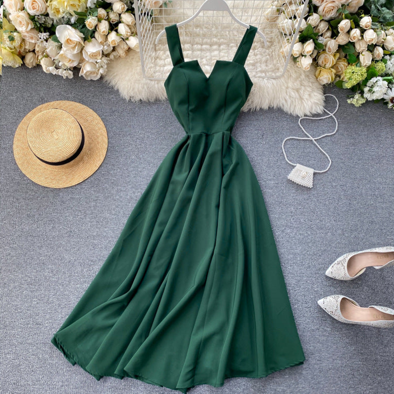 A backless solid color waist V-neck long dress women's dress