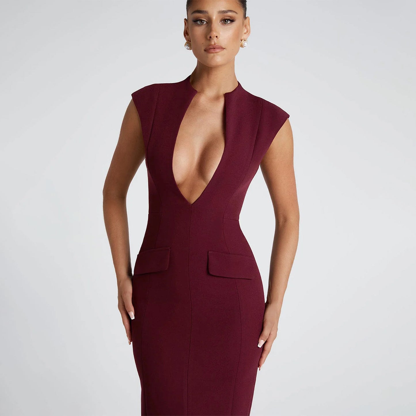 A705DS European and American cross-border 2025 spring new deep V pocket sexy solid color hip-wrapped slim dress women's - Mixbatch