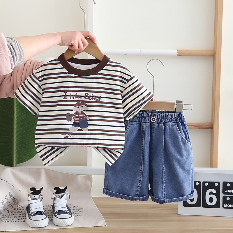A Children's Summer Retro Color Coffee Striped Short Sleeve T-Shirt Boys and Girls Cartoon Crew Neck Half Sleeve Set