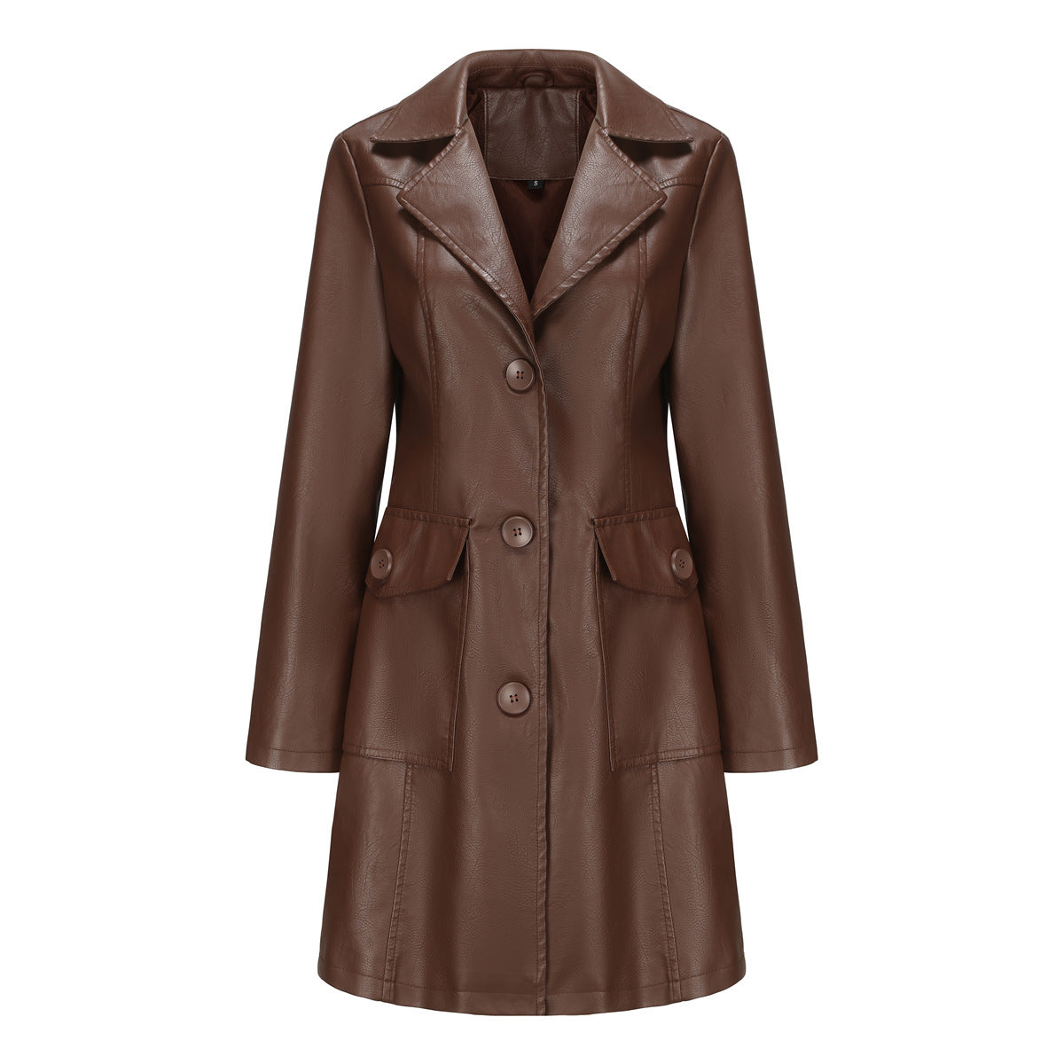 A women's long leather jacket