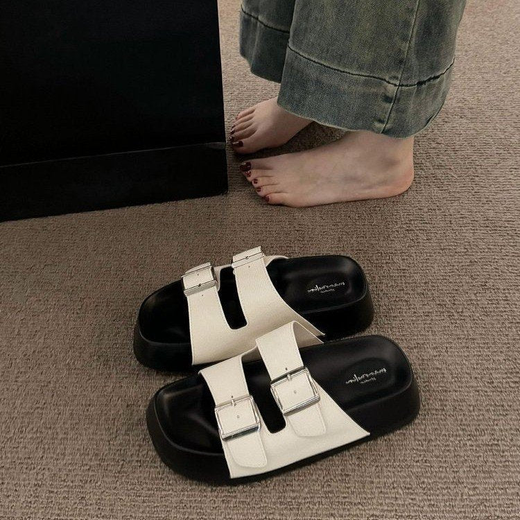 A fairy style slippers female spring and summer new outer wear fashionable versatile rhinestone buckle flat bottom beach sandals tide
