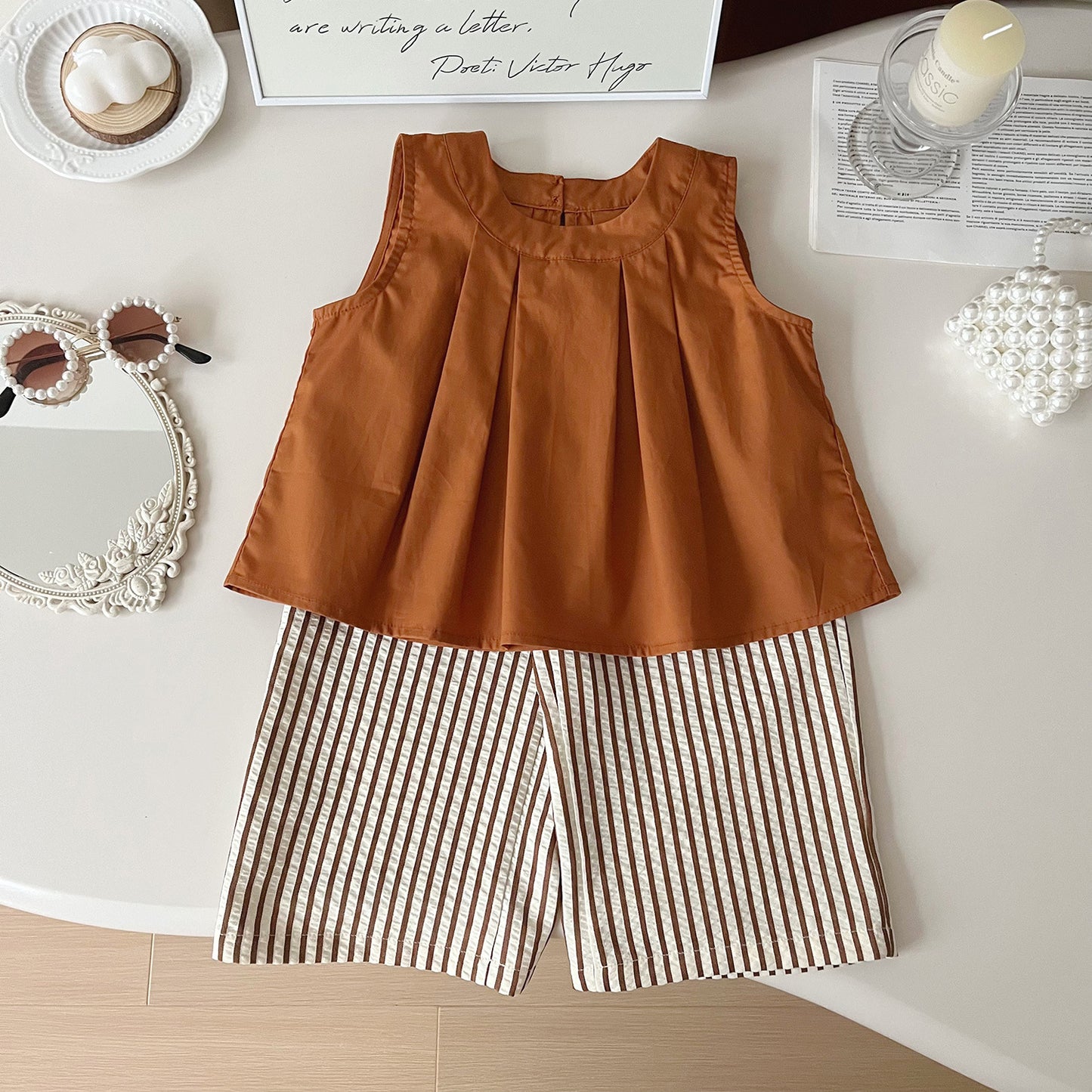 A summer new Korean version of children's sleeveless top + striped wide-leg pants two-piece set