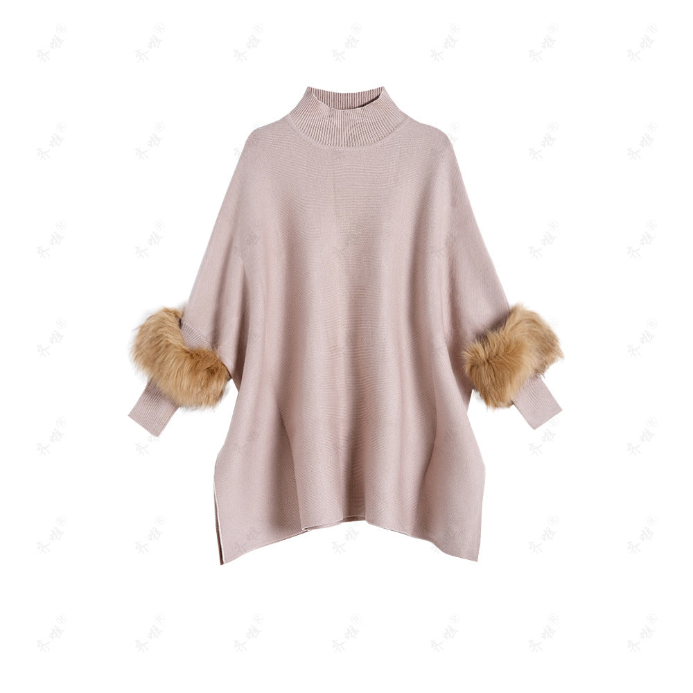 A turtleneck pullover cape knitted sweater simulation fur fur sleeve sweater large size bottoming shirt jacket women