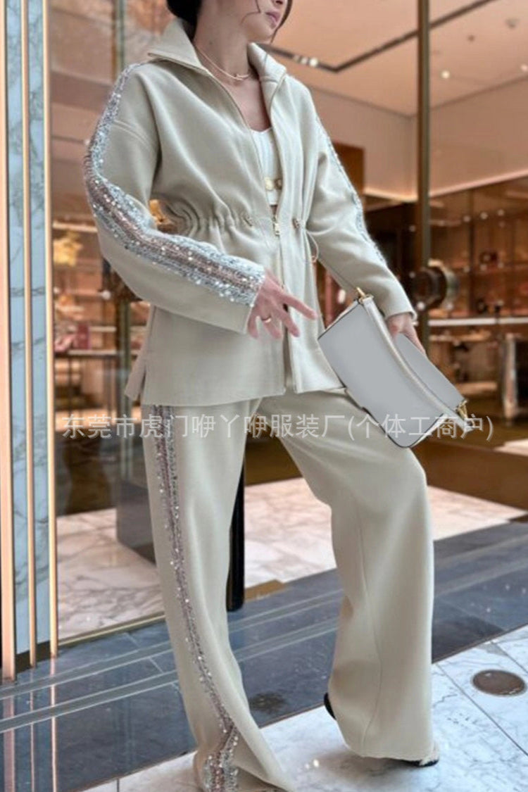 A Fashion Drawstring Waist Top Wide Leg Pants Two-piece Set