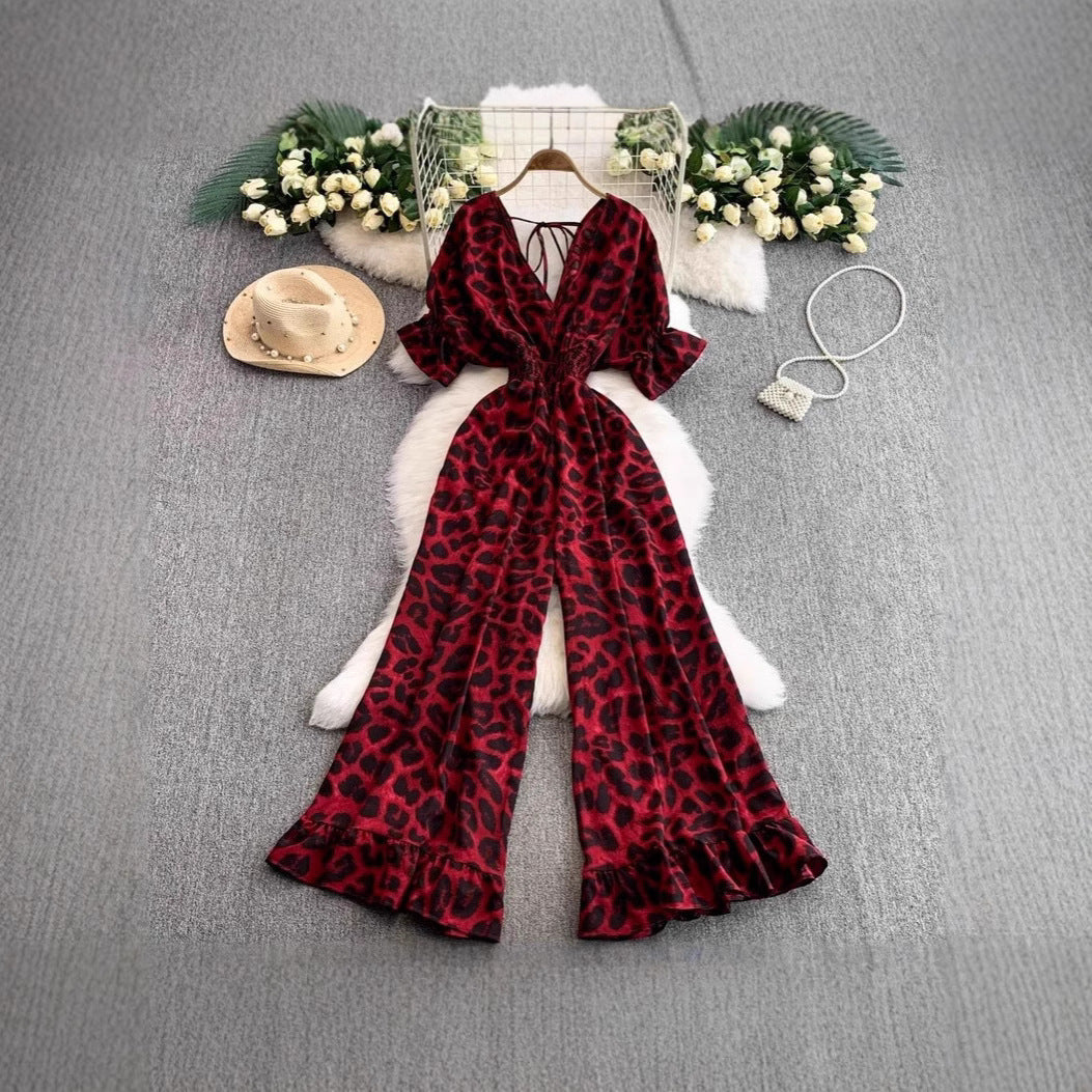 A European and American style sexy V-neck short-sleeved waist and thin leopard print jumpsuit temperament ruffle edge wide-leg pants