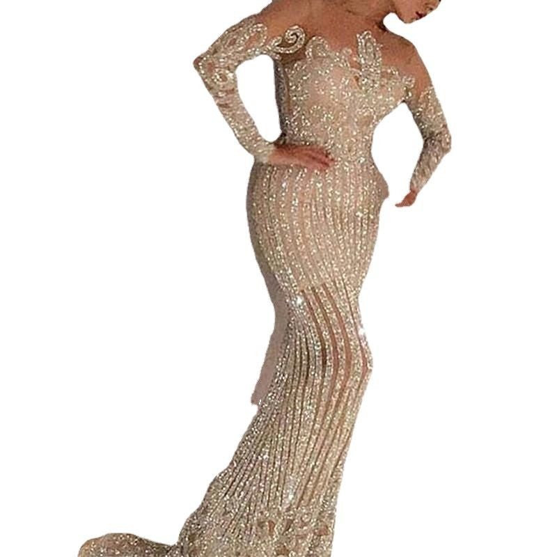A spring and summer new long dress mid-waist temperament commuting sequins sprinkling gold slim-fitting gold slim-fitting dress