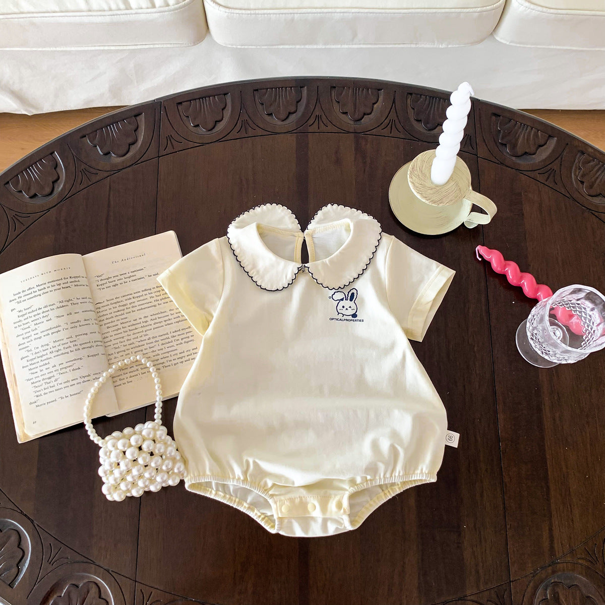 A ins wind summer baby girl triangle bag fart clothes baby rabbit embroidered jumpsuit newborn doll collar climbing suit - Mixbatch