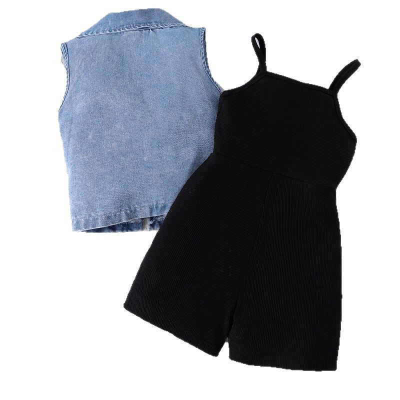 A Children's clothing Girls denim vest + suspender jumpsuit summer