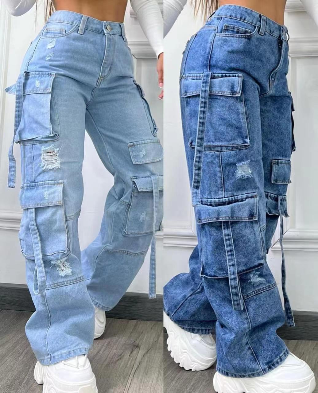 A new fashionable solid color versatile large size high waist multi-pocket casual tooling denim trousers women