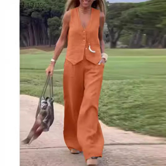 A new fashionable solid color suit vest trousers collage splicing casual two-piece set women