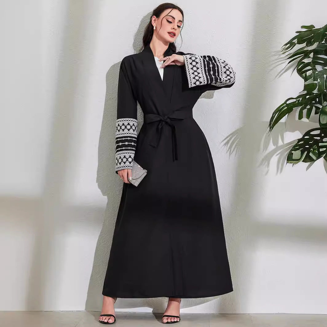 Middle Eastern Muslim Fashion Elegant Cardigan Embroidered Belt Dress Pocket Robe - Mixbatch