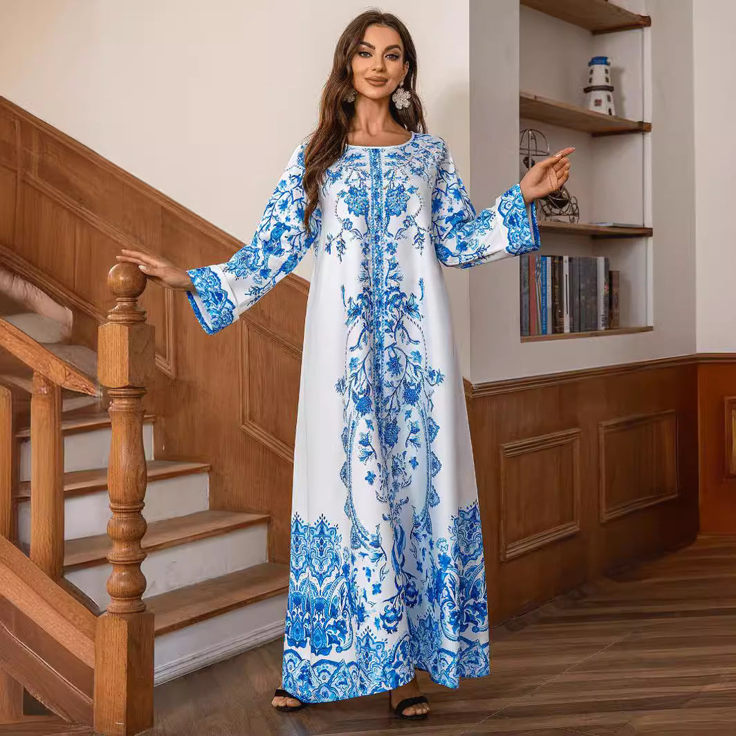 A ZD029 Middle Eastern Muslim Robe High Density Hot Diamond Bead Women's Blue and White Porcelain Elegant Crew Neck Dress Abaya