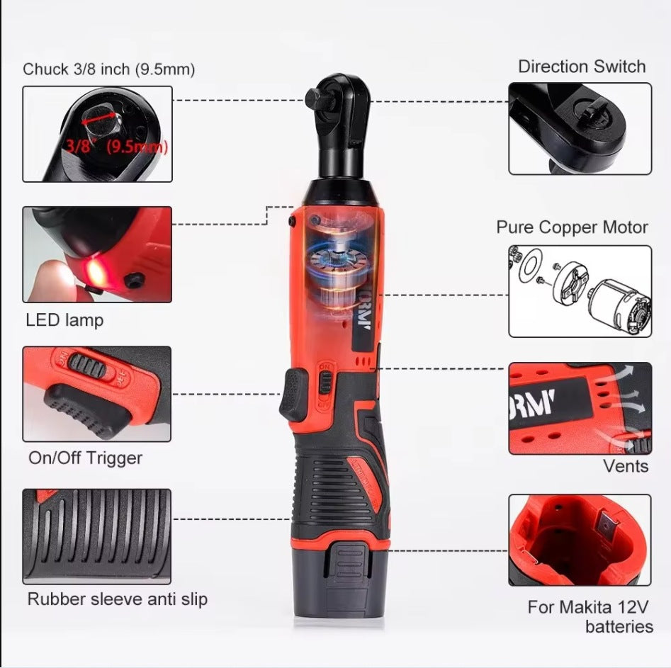 A 3/8 inch cordless electric wrench 65Nm right angle ratchet wrench 12V rechargeable car maintenance angle wrench
