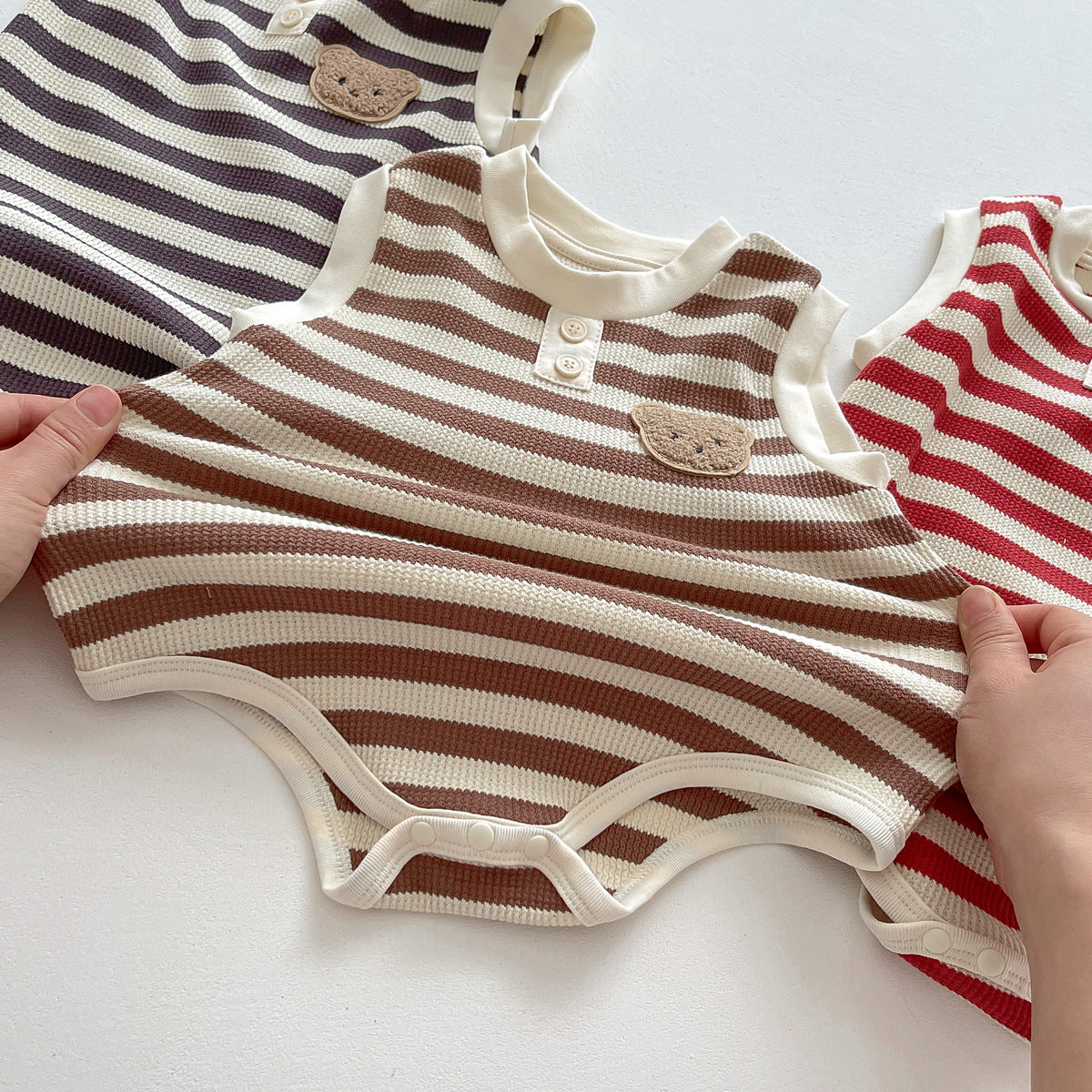 A children's summer dress sleeveless bag fart clothes ins Korean version baby striped bear vest onesie baby outing clothes - Mixbatch