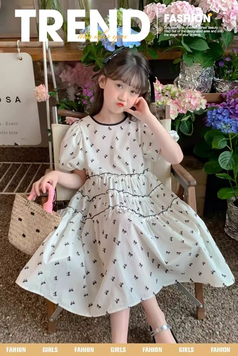 A children's dress summer new Korean version of foreign style princess dress girls middle and older children's bow bubble sleeve skirt tide
