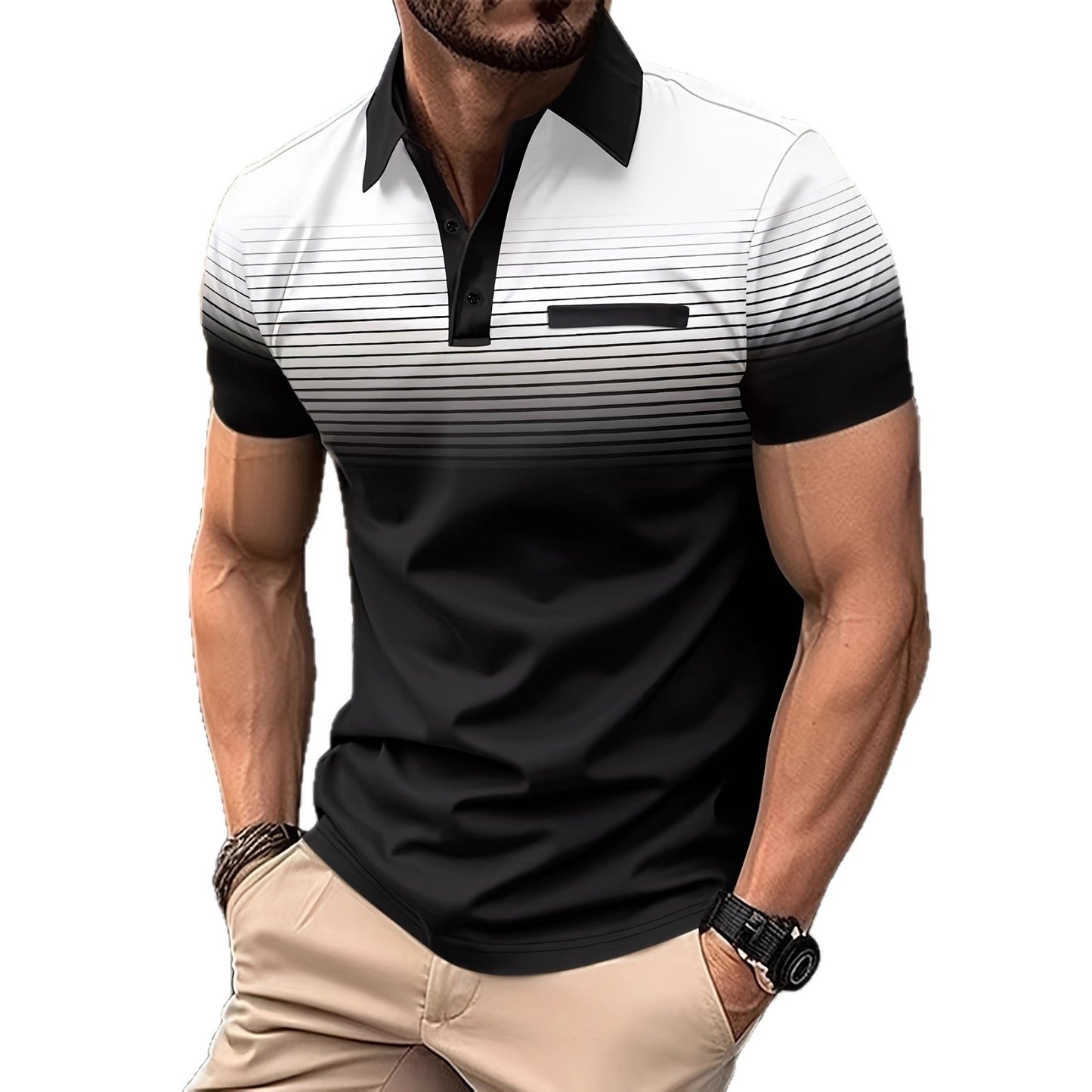 A European and American cross-border explosion Men's summer business fashion casual sports short-sleeved striped printed lapel polo shirt