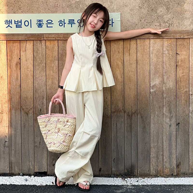 A year summer new suit middle and older children sleeveless thin vest Korean version top wide leg pants