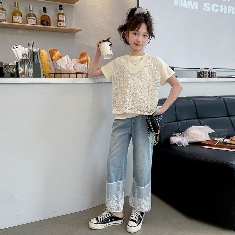 A girls summer suit, new children's foreign style lace short-sleeved top, older children's fashionable jeans two-piece set