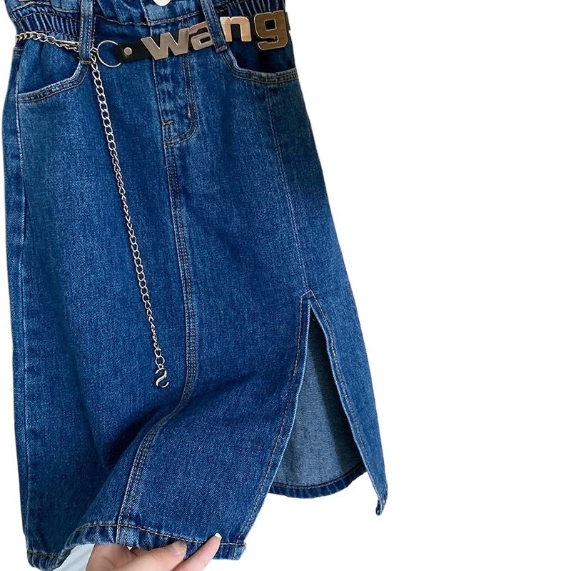 A girls' suit spring and autumn new girls' Korean version embroidered letter T-shirt top denim skirt knitted suit