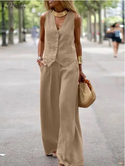 A new fashionable solid color suit vest trousers collage splicing casual two-piece set women