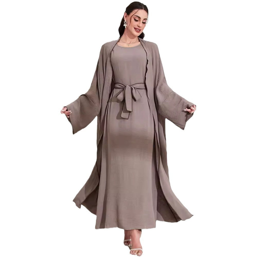 Women's Middle Eastern Muslim Clothing Fashion Elegant Cardigan Dress Belt Robe - Mixbatch