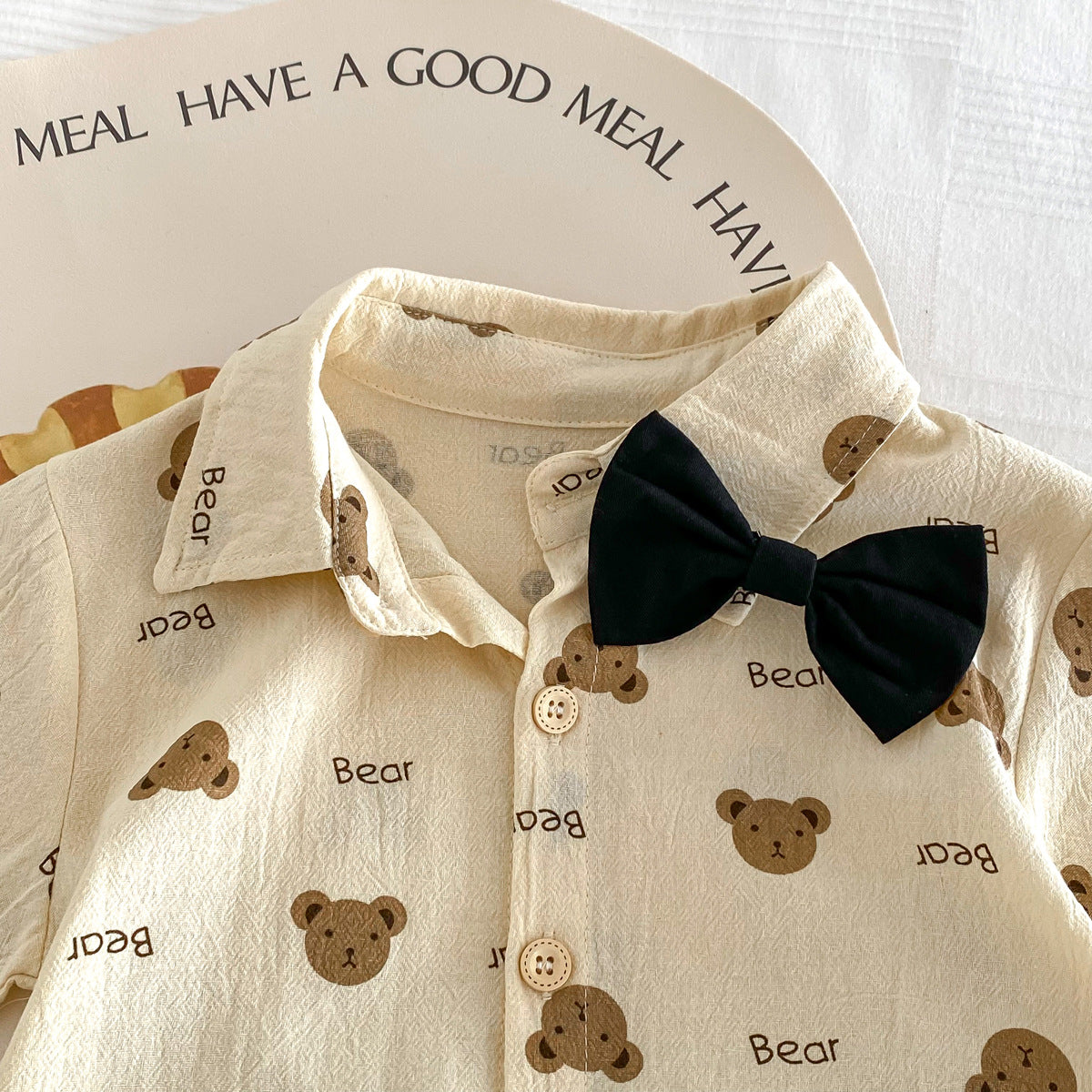 A 2024 Summer Boys Gentlemen's Necktie Short sleeved Shirt Shorts Set for Children's Korean Little Bear Print Two Piece Set - Mixbatch
