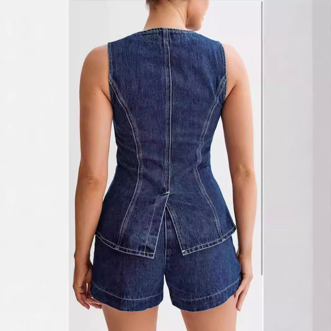 Summer Fashion Sleeveless Casual High Waist Denim Shorts Set - Mixbatch