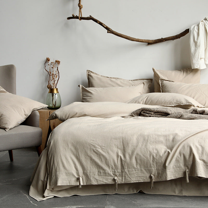 Minimalist Japanese Linen Four Piece Bedding Set Solid Color Button Cotton Linen Bed Sheet and Duvet Cover 1.8 Home Textile Bedding - Mixbatch