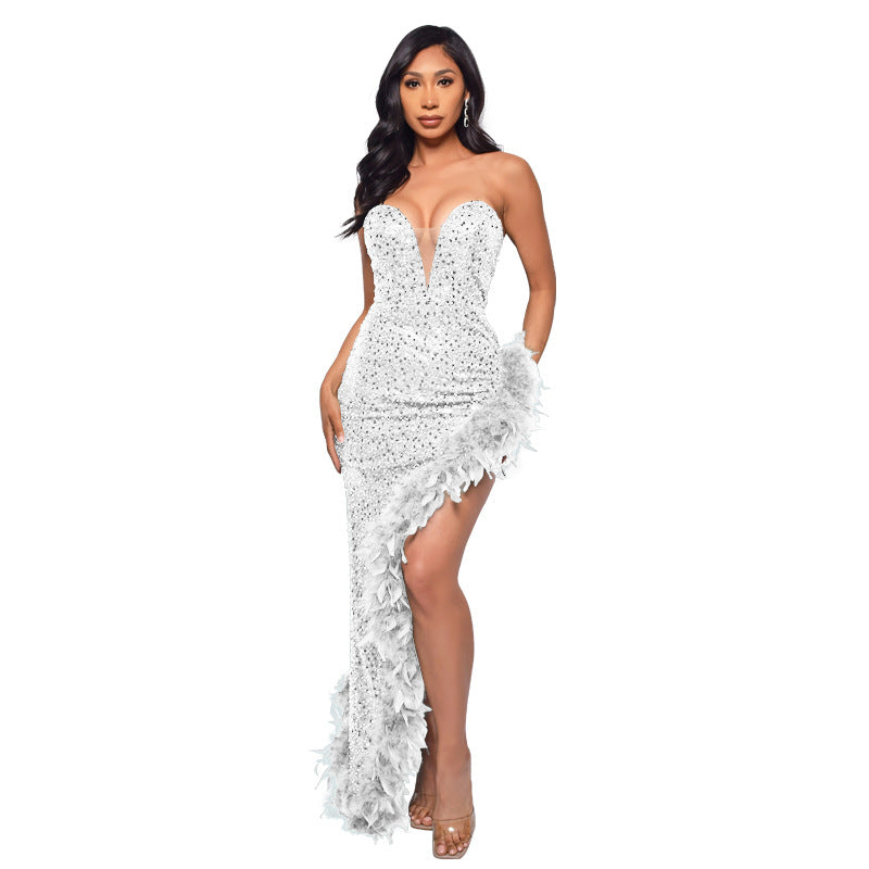 A ins European and American cross-border women's clothing wish Amazon ebay independent station tube top backless sequined feather dress women
