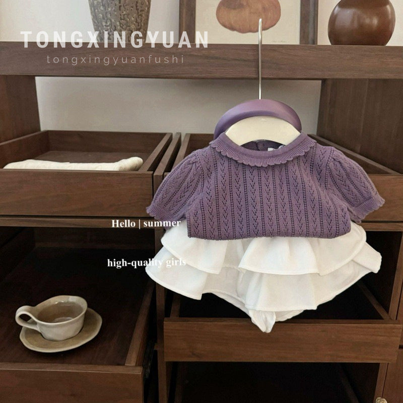 A baby academy style short-sleeved polo needle knitted shirt fashionable pleated skirt set - Mixbatch