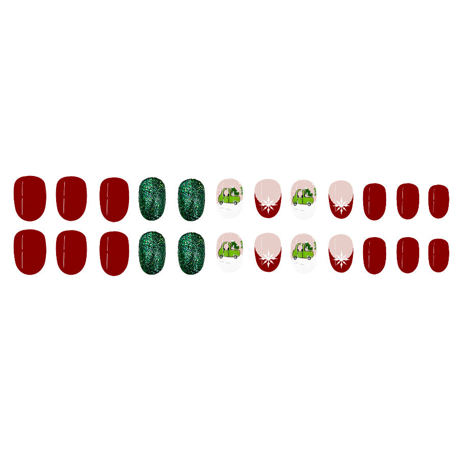 A short glossy oval European, American cross-border foreign trade French glitter new Christmas detachable wear manicure 24 pieces - Mixbatch