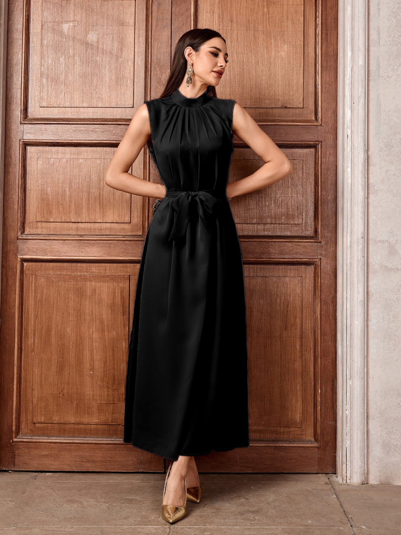 Women's Muslim Solid Color Casual Sleeveless Bottom Long Dress High Neck Belt Dress Inner Shirt - Mixbatch