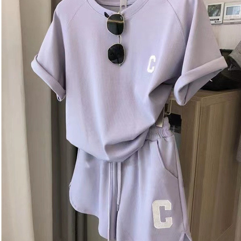 A women's summer set loose short-sleeved t-shirt casual shorts sports printing letter casual two-piece set
