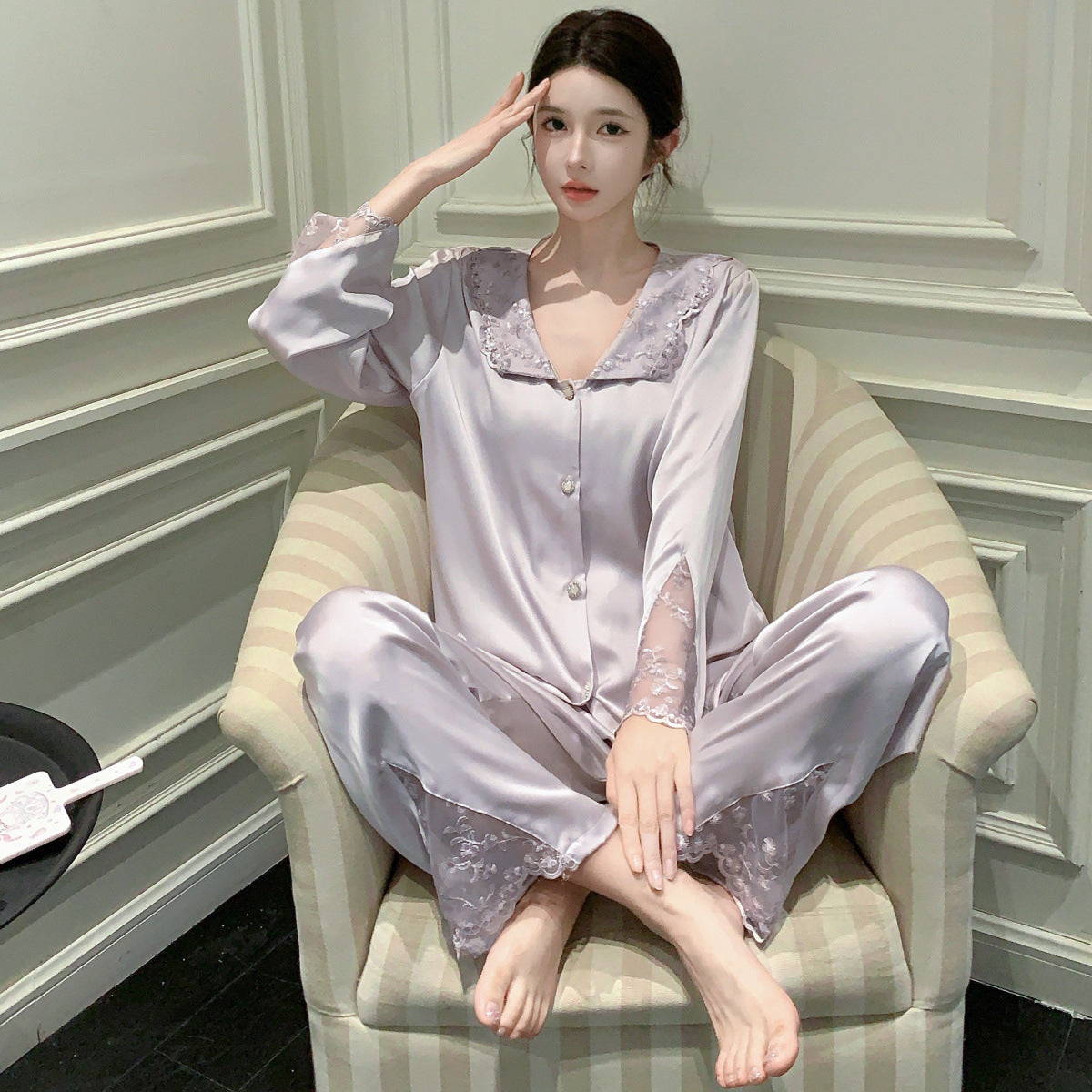 A Ice and snow pajamas women's French lapel lace cardigan long-sleeved trousers set summer spring and autumn loungewear